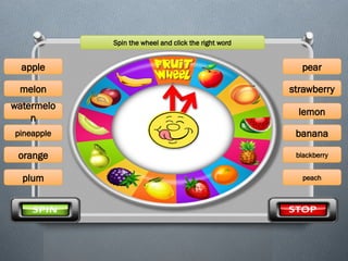 Spin the wheel and click the right word
apple
melon
watermelo
n
pineapple
orange
plum
pear
strawberry
lemon
banana
blackberry
peach
 