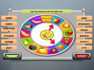 Spin the wheel and click the right word
orange
melon
watermelo
n
pineapple
apple
plum
pear
strawberry
lemon
banana
blackberry
peach
 