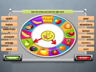 Spin the wheel and click the right word
pear
melon
watermelo
n
pineapple
apple
plum
orange
strawberry
lemon
banana
blackberry
peach
 