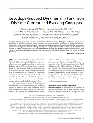 REVIEW
Levodopa-Induced Dyskinesia in Parkinson
Disease: Current and Evolving Concepts
Alberto J. Espay, MD, MSc ,1
Francesca Morgante, MD, PhD,2
Aristide Merola, MD, PhD,1
Alfonso Fasano, MD, PhD,3,4
Luca Marsili, MD, PhD,1
Susan H. Fox, MRCP(UK), PhD,3,4
Erwan Bezard, PhD,5,6
Barbara Picconi, PhD,7
Paolo Calabresi, MD,8
and Anthony E. Lang, MD, FRCPC3,4
Levodopa-induced dyskinesia is a common complication in Parkinson disease. Pathogenic mechanisms include phasic
stimulation of dopamine receptors, nonphysiological levodopa-to-dopamine conversion in serotonergic neurons,
hyperactivity of corticostriatal glutamatergic transmission, and overstimulation of nicotinic acetylcholine receptors on
dopamine-releasing axons. Delay in initiating levodopa is no longer recommended, as dyskinesia development is a
function of disease duration rather than cumulative levodopa exposure. We review current and in-development treat-
ments for peak-dose dyskinesia but suggest that improvements in levodopa delivery alone may reduce its future
prevalence.
ANN NEUROL 2018;00:1–16
Dyskinesia, often referred to as L-dopa–induced dyski-
nesia (LID) to recognize L-dopa as the major con-
tributor, is a motor complication arising in patients with
Parkinson disease (PD) on chronic L-dopa treatment,
largely in a dose-dependent fashion—except when given
as an infusion, such as in L-dopa/carbidopa intestinal gel.1
LID is phenomenologically recognized as chorea/chor-
eoathetoid movements appearing initially on the more
affected body side. LID occurs in 40% of patients after
4 years on L-dopa treatment, with risk especially high in
younger patients treated with higher doses of L-dopa.2
This review focuses on aspects of phenomenology,
pathophysiology, and therapeutics that have undergone
revisions or updates in recent years, emphasizing those of
most relevance for modern clinical care and future
research. We highlight the under-recognized diphasic
dyskinesia, which is often mischaracterized as a peak-dose
phenomenon and therefore mismanaged. We review evi-
dence that corrects the misinterpretation of prior clinical
trial data surmising LID as a function of duration of L-
dopa exposure rather than duration of disease, justifying
the inappropriate but still lingering recommendation to
postpone L-dopa treatment as long as possible to “delay”
the appearance of LID.3
We also review the latest patho-
physiologic concepts at the molecular, synaptic, and net-
work levels, to provide the rationale for currently available
as well as emerging treatments.
Peak-Dose versus Diphasic Dyskinesia
Peak-Dose Dyskinesia. Chorea that may be generalized or
affect the more affected side or upper body often occurs
during the therapeutic window of a L-dopa dose cycle
View this article online at wileyonlinelibrary.com. DOI: 10.1002/ana.25364
Received Jul 26, 2018, and in revised form Oct 16, 2018. Accepted for publication Oct 17, 2018.
Address correspondence to Dr Espay, UC Gardner Neuroscience Institute and Gardner Family Center for Parkinson’s Disease and Movement Disorders,
Department of Neurology, University of Cincinnati, 260 Stetson Street, Suite 2300, Cincinnati, OH 45267-0525. E-mail: alberto.espay@uc.edu
From the 1
UC Gardner Neuroscience Institute and Gardner Family Center for Parkinson’s Disease and Movement Disorders, Department of Neurology,
University of Cincinnati, Cincinnati, OH; 2
Institute of Molecular and Clinical Sciences, St George’s University of London, London, United Kingdom;
3
Edmond J. Safra Program in Parkinson’s Disease, Morton and Gloria Shulman Movement Disorders Clinic, Toronto Western Hospital, University Health
Network, Division of Neurology, University of Toronto, Toronto, Ontario, Canada; 4
Krembil Brain Institute, Toronto, Ontario, Canada; 5
University of
Bordeaux, Institute of Neurodegenerative Diseases, Bordeaux, France; 6
National Center for Scientiﬁc Research, Institute of Neurodegenerative Diseases,
Bordeaux, France; 7
Experimental Neurophysiology Laboratory, IRCCS University San Raffaele Pisana, University San Raffaele, Rome, Italy; and
8
Neurological Clinic, University of Perugia, Santa Maria della Misericordia Hospital, Perugia, Italy
Additional supporting information may be found online in the Supporting Information section at the end of the article.
© 2018 American Neurological Association 1
 