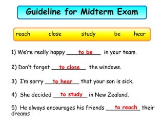 Guideline for Midterm Exam
1) We’re really happy __________ in your team.
2) Don’t forget __________ the windows.
3) I’m sorry __________ that your son is sick.
4) She decided __________ in New Zealand.
5) He always encourages his friends __________ their
dreams
reach close study be hear
to be
to close
to hear
to study
to reach
 