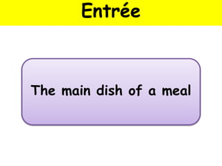 Entrée
The main dish of a meal
 