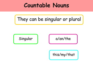 Countable Nouns
They can be singular or plural
Singular a/an/the
this/my/that
 