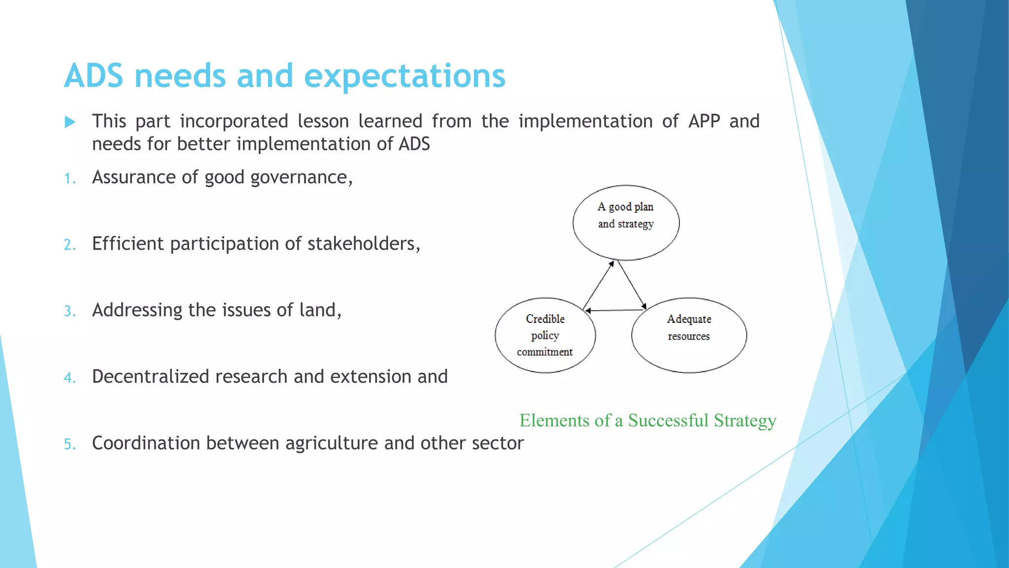 ADS needs and expectations
 This part incorporated lesson learned from the implementation of APP and
needs for better implementation of ADS
1. Assurance of good governance,
2. Efficient participation of stakeholders,
3. Addressing the issues of land,
4. Decentralized research and extension and
5. Coordination between agriculture and other sector
Elements of a Successful Strategy
 