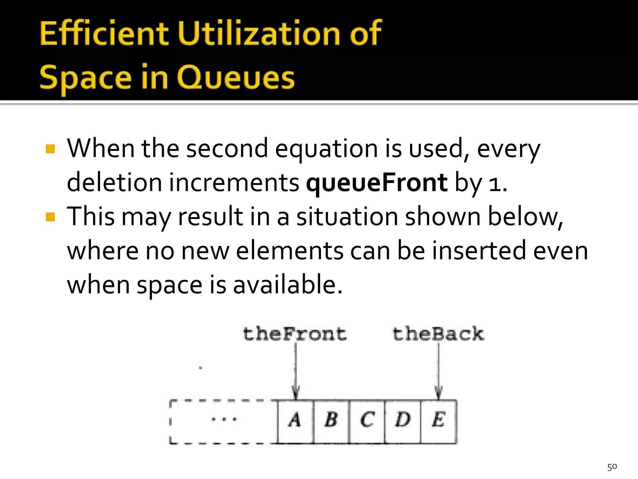  When the second equation is used, every
deletion increments queueFront by 1.
 This may result in a situation shown below,
where no new elements can be inserted even
when space is available.
50
 