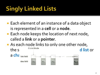  Each element of an instance of a data object
is represented in a cell or a node.
 Each node keeps the location of next node,
called a link or a pointer.
 As each node links to only one other node,
the structure is called as a singly linked list or
a chain.
17
 