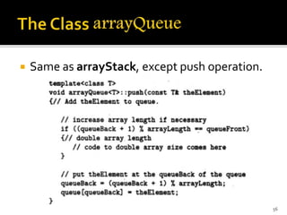  Same as arrayStack, except push operation.
56
 
