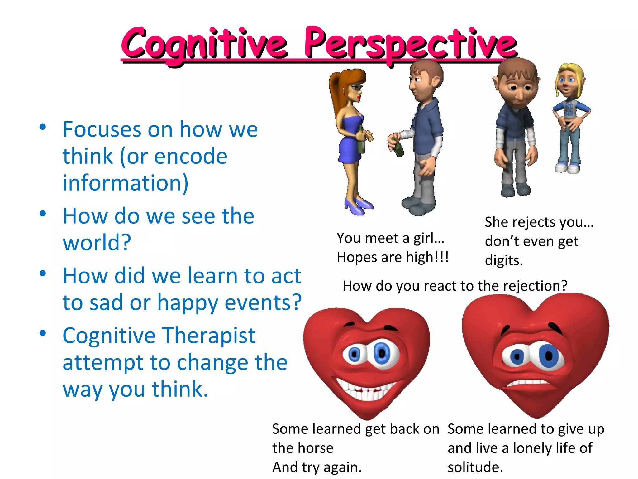 Cognitive PerspectiveCognitive Perspective
• Focuses on how we
think (or encode
information)
• How do we see the
world?
• How did we learn to act
to sad or happy events?
• Cognitive Therapist
attempt to change the
way you think.
You meet a girl…
Hopes are high!!!
She rejects you…
don’t even get
digits.
How do you react to the rejection?
Some learned get back on
the horse
And try again.
Some learned to give up
and live a lonely life of
solitude.
 