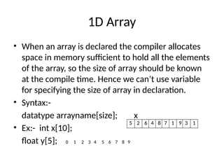 1D Array
• When an array is declared the compiler allocates
space in memory sufficient to hold all the elements
of the array, so the size of array should be known
at the compile time. Hence we can’t use variable
for specifying the size of array in declaration.
• Syntax:-
datatype arrayname[size]; x
• Ex:- int x[10];
float y[5]; 0 1 2 3 4 5 6 7 8 9
5 2 6 4 8 7 1 9 3 1
 