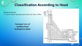 MEDIUM HEAD
 A power station operating under heads from 30m to 300m.
Sectional view of
medium head
hydropower plant
 