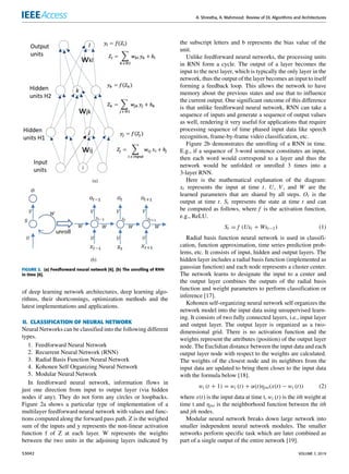 A. Shrestha, A. Mahmood: Review of DL Algorithms and Architectures
FIGURE 2. (a) Feedforward neural network [6]. (b) The unrolling of RNN
in time [6].
of deep learning network architectures, deep learning algo-
rithms, their shortcomings, optimization methods and the
latest implementations and applications.
II. CLASSIFICATION OF NEURAL NETWORK
Neural Networks can be classified into the following different
types.
1. Feedforward Neural Network
2. Recurrent Neural Network (RNN)
3. Radial Basis Function Neural Network
4. Kohonen Self Organizing Neural Network
5. Modular Neural Network
In feedforward neural network, information flows in
just one direction from input to output layer (via hidden
nodes if any). They do not form any circles or loopbacks.
Figure 2a shows a particular type of implementation of a
multilayer feedforward neural network with values and func-
tions computed along the forward pass path. Z is the weighed
sum of the inputs and y represents the non-linear activation
function f of Z at each layer. W represents the weights
between the two units in the adjoining layers indicated by
the subscript letters and b represents the bias value of the
unit.
Unlike feedforward neural networks, the processing units
in RNN form a cycle. The output of a layer becomes the
input to the next layer, which is typically the only layer in the
network, thus the output of the layer becomes an input to itself
forming a feedback loop. This allows the network to have
memory about the previous states and use that to influence
the current output. One significant outcome of this difference
is that unlike feedforward neural network, RNN can take a
sequence of inputs and generate a sequence of output values
as well, rendering it very useful for applications that require
processing sequence of time phased input data like speech
recognition, frame-by-frame video classification, etc.
Figure 2b demonstrates the unrolling of a RNN in time.
E.g., if a sequence of 3-word sentence constitutes an input,
then each word would correspond to a layer and thus the
network would be unfolded or unrolled 3 times into a
3-layer RNN.
Here is the mathematical explanation of the diagram:
xt represents the input at time t. U, V, and W are the
learned parameters that are shared by all steps. Ot is the
output at time t. St represents the state at time t and can
be computed as follows, where f is the activation function,
e.g., ReLU.
St = f (Uxt + Wst−1) (1)
Radial basis function neural network is used in classifi-
cation, function approximation, time series prediction prob-
lems, etc. It consists of input, hidden and output layers. The
hidden layer includes a radial basis function (implemented as
gaussian function) and each node represents a cluster center.
The network learns to designate the input to a center and
the output layer combines the outputs of the radial basis
function and weight parameters to perform classification or
inference [17].
Kohonen self-organizing neural network self organizes the
network model into the input data using unsupervised learn-
ing. It consists of two fully connected layers, i.e., input layer
and output layer. The output layer is organized as a two-
dimensional grid. There is no activation function and the
weights represent the attributes (position) of the output layer
node. The Euclidian distance between the input data and each
output layer node with respect to the weights are calculated.
The weights of the closest node and its neighbors from the
input data are updated to bring them closer to the input data
with the formula below [18].
wi (t + 1) = wi (t) + α(t)ηj∗i(x(t) − wi (t)) (2)
where x(t) is the input data at time t, wi (t) is the ith weight at
time t and ηj∗i is the neighborhood function between the ith
and jth nodes.
Modular neural network breaks down large network into
smaller independent neural network modules. The smaller
networks perform specific task which are later combined as
part of a single output of the entire network [19].
53042 VOLUME 7, 2019
 