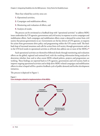 Chapter 3. Integrating Disability into the MDG process - Entry Points for Disability Issues         29


        These four related key activity areas are:
        1. Operational activities,
        2. Campaigns and mobilization efforts,
        3. Monitoring and evaluation of efforts, and
        4. Analysis of results.
      The process can be envisioned as a feedback loop with “operational activities” to address MDG
issues undertaken by UN agencies, governments and civil society in response to active campaigns and
mobilization efforts. Such campaigns and mobilization efforts create a demand for action from civil
society that presses governments to act. Governments are the key drivers of UN agencies, so requests
for action from governments drive policy and programming within the UN system itself. The feed-
back loop of increased awareness and calls for action from civil society through governments and on
to the UN level results in operational activities at all levels that address one or more of the MDGs.65
      Such operational activities are themselves followed closely through monitoring and evaluation
efforts on the global, regional and national level, with the resulting information being analyzed to
determine whether, how and to what extent MDG-related policies, projects and programmes are
working. These findings are reported back to UN agencies, governments and civil society, both to
improve ongoing operational activities and to help drive MDG-related campaigns and mobilization
efforts in what is hoped will be a positive feedback cycle of public demand and further development
initiatives.
The process is depicted in Figure 1.

Figure 1
Core strategies related to implementation of the MDGs




                                           Campaigns                    Operational
                                         and Mobilization                Activities




                                            Analysis                  Monitoring and
                                           of Results                Evaluation efforts




   65   Ibid.
 