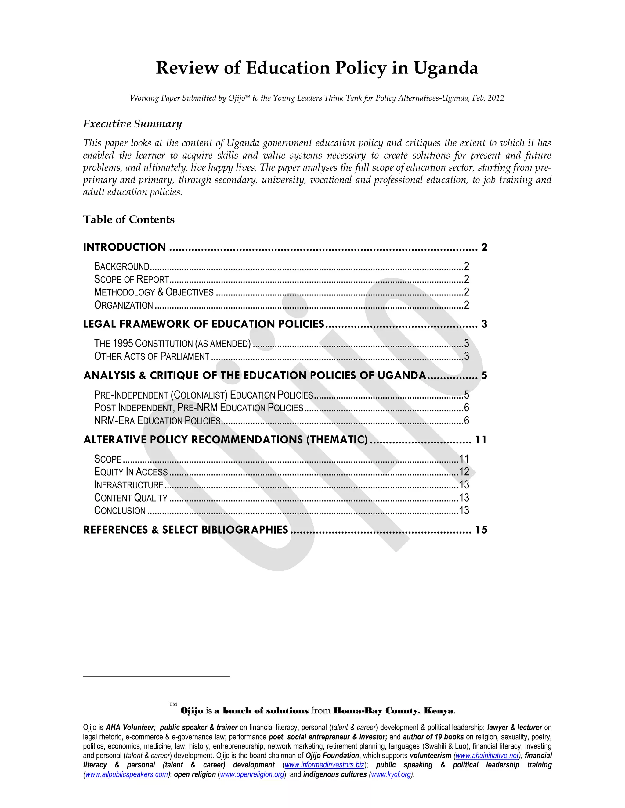 Review of education policy in uganda | PDF