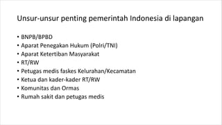 Unsur-unsur penting pemerintah Indonesia di lapangan
• BNPB/BPBD
• Aparat Penegakan Hukum (Polri/TNI)
• Aparat Ketertiban ...