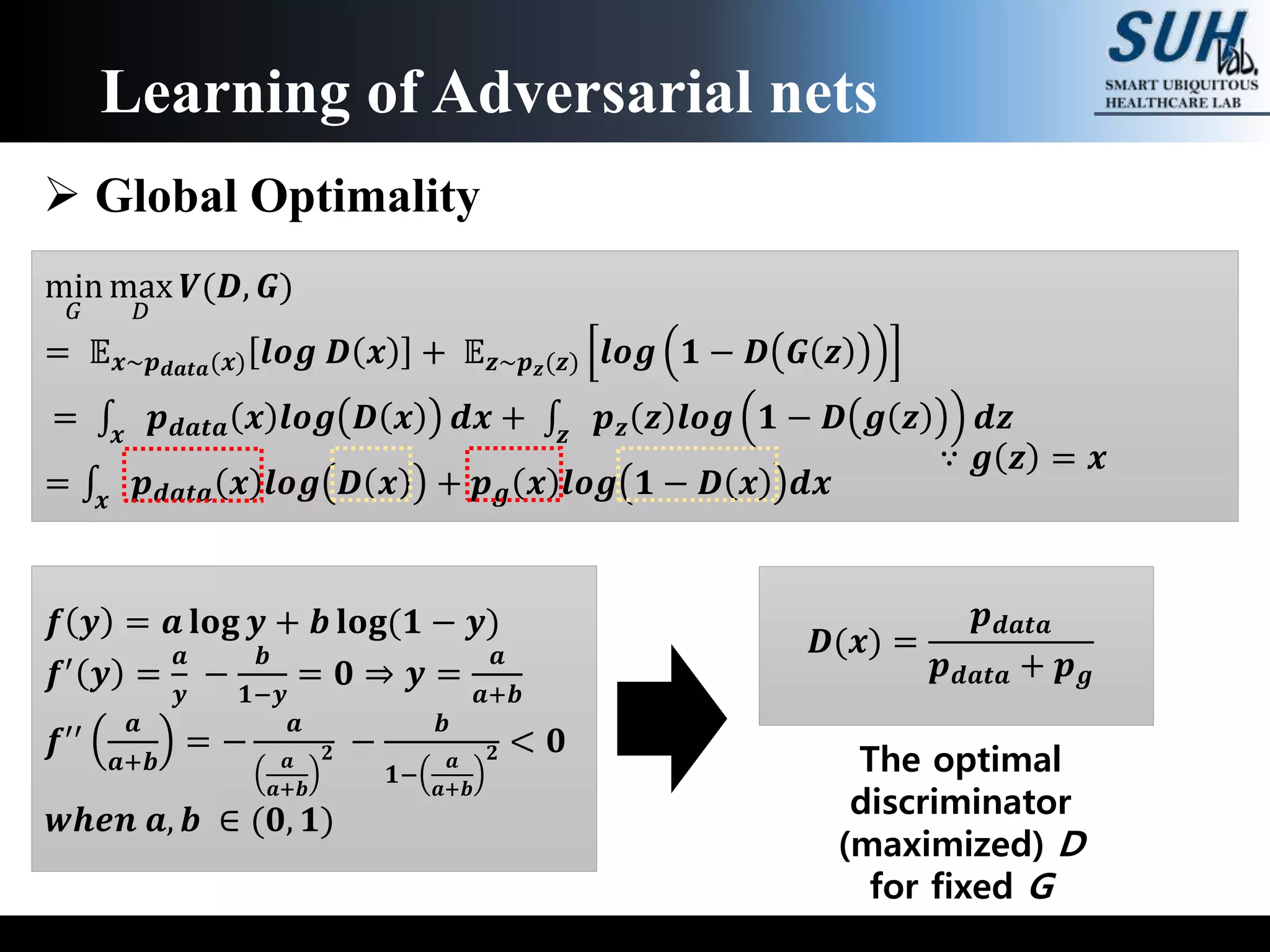 Learning of Adversarial nets
 Global Optimality
min
𝐺
max
𝐷
𝑽(𝑫, 𝑮)
= 𝔼 𝒙~𝒑 𝒅𝒂𝒕𝒂(𝒙) 𝒍𝒐𝒈 𝑫 𝒙 + 𝔼 𝒛~𝒑 𝒛(𝒛) 𝒍𝒐𝒈 𝟏 − 𝑫 𝑮 𝒛
= 𝒙
𝒑 𝒅𝒂𝒕𝒂 𝒙 𝒍𝒐𝒈 𝑫 𝒙 𝒅𝒙 + 𝒛
𝒑 𝒛 𝒛 𝒍𝒐𝒈 𝟏 − 𝑫 𝒈 𝒛 𝒅𝒛
= 𝒙
𝒑 𝒅𝒂𝒕𝒂 𝒙 𝒍𝒐𝒈 𝑫 𝒙 + 𝒑 𝒈 𝒙 𝒍𝒐𝒈 𝟏 − 𝑫 𝒙 𝒅𝒙
∵ 𝒈 𝒛 = 𝒙
𝒇 𝒚 = 𝒂 𝐥𝐨𝐠 𝒚 + 𝒃 𝐥𝐨𝐠(𝟏 − 𝒚)
𝒇′ 𝒚 =
𝒂
𝒚
−
𝒃
𝟏−𝒚
= 𝟎 ⇒ 𝒚 =
𝒂
𝒂+𝒃
𝒇′′ 𝒂
𝒂+𝒃
= −
𝒂
𝒂
𝒂+𝒃
𝟐 −
𝒃
𝟏−
𝒂
𝒂+𝒃
𝟐 < 𝟎
𝒘𝒉𝒆𝒏 𝒂, 𝒃 ∈ (𝟎, 𝟏)
𝑫(𝒙) =
𝒑 𝒅𝒂𝒕𝒂
𝒑 𝒅𝒂𝒕𝒂 + 𝒑 𝒈
The optimal
discriminator
(maximized) D
for fixed G
 