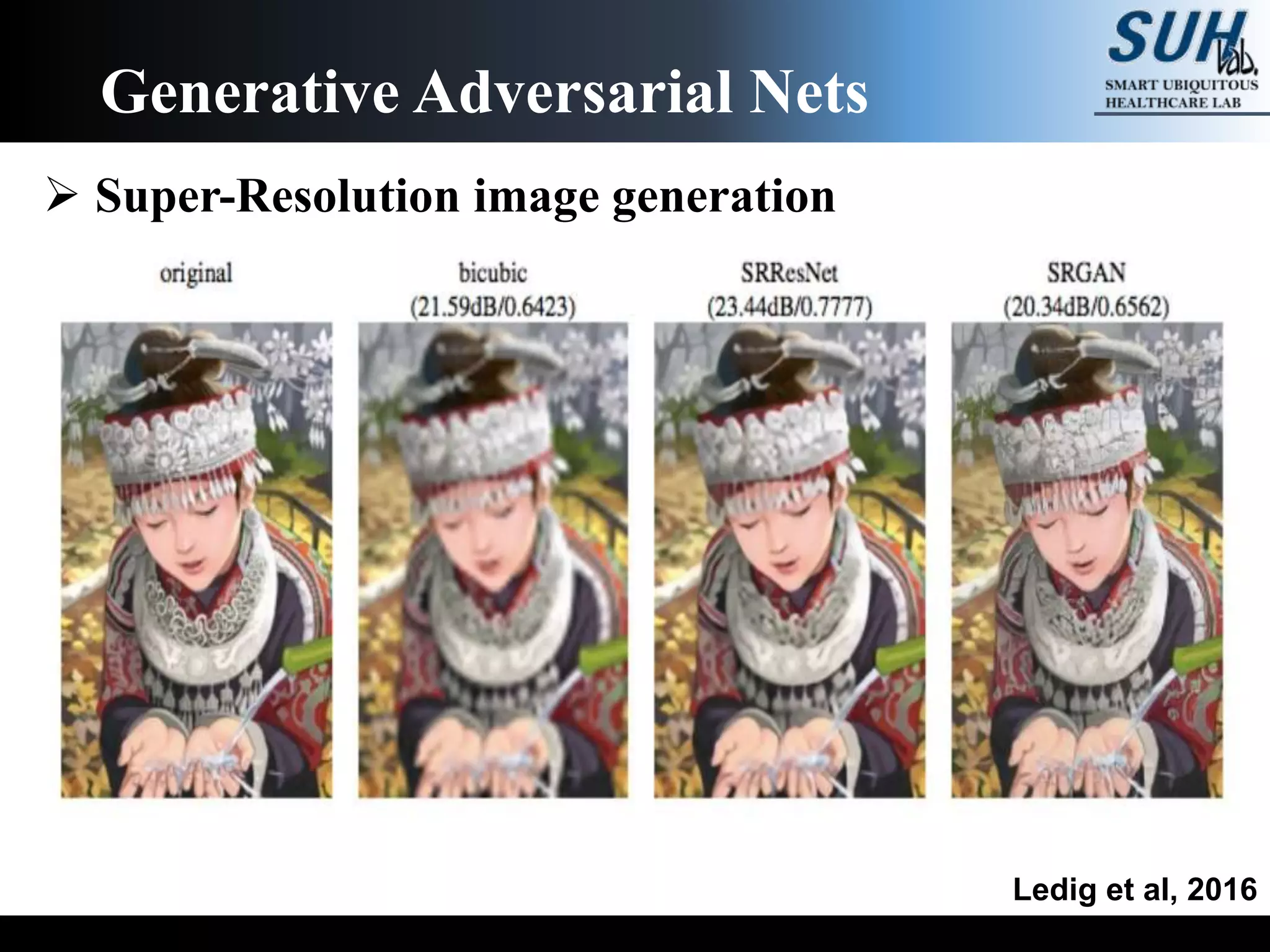 Generative Adversarial Nets
Ledig et al, 2016
 Super-Resolution image generation
 