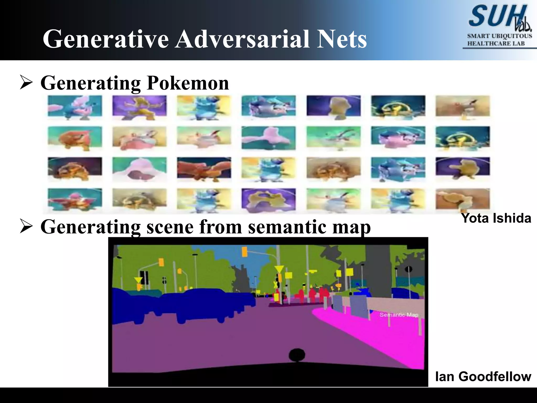 Generative Adversarial Nets
Ian Goodfellow
 Generating Pokemon
 Generating scene from semantic map
Yota Ishida
 