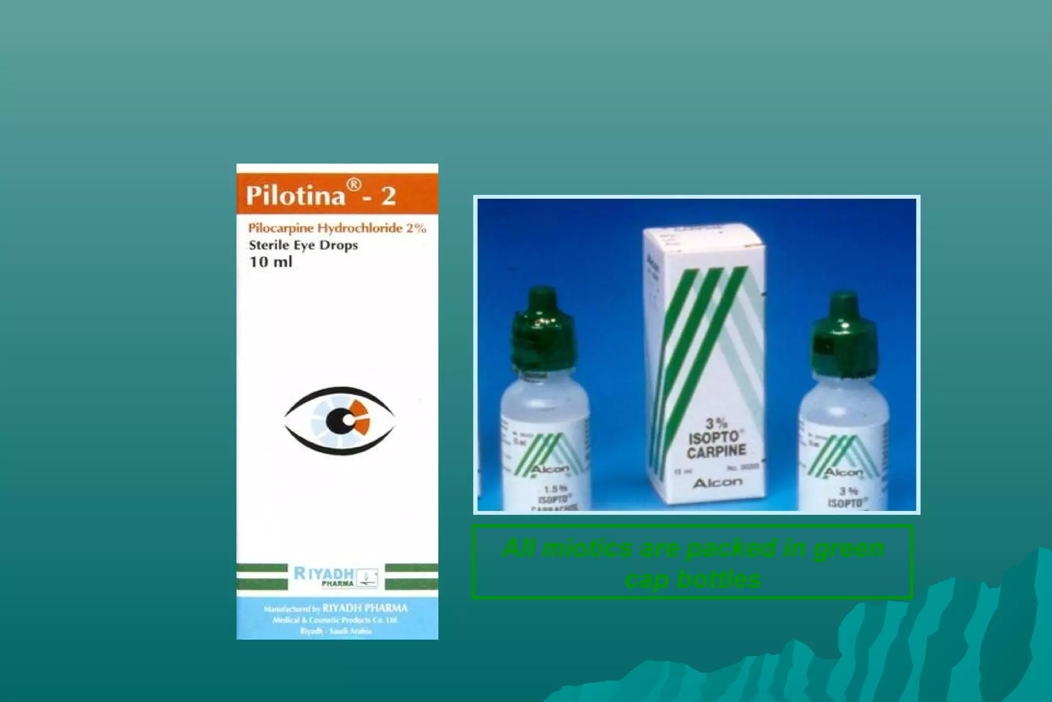 All miotics are packed in green
cap bottles
 