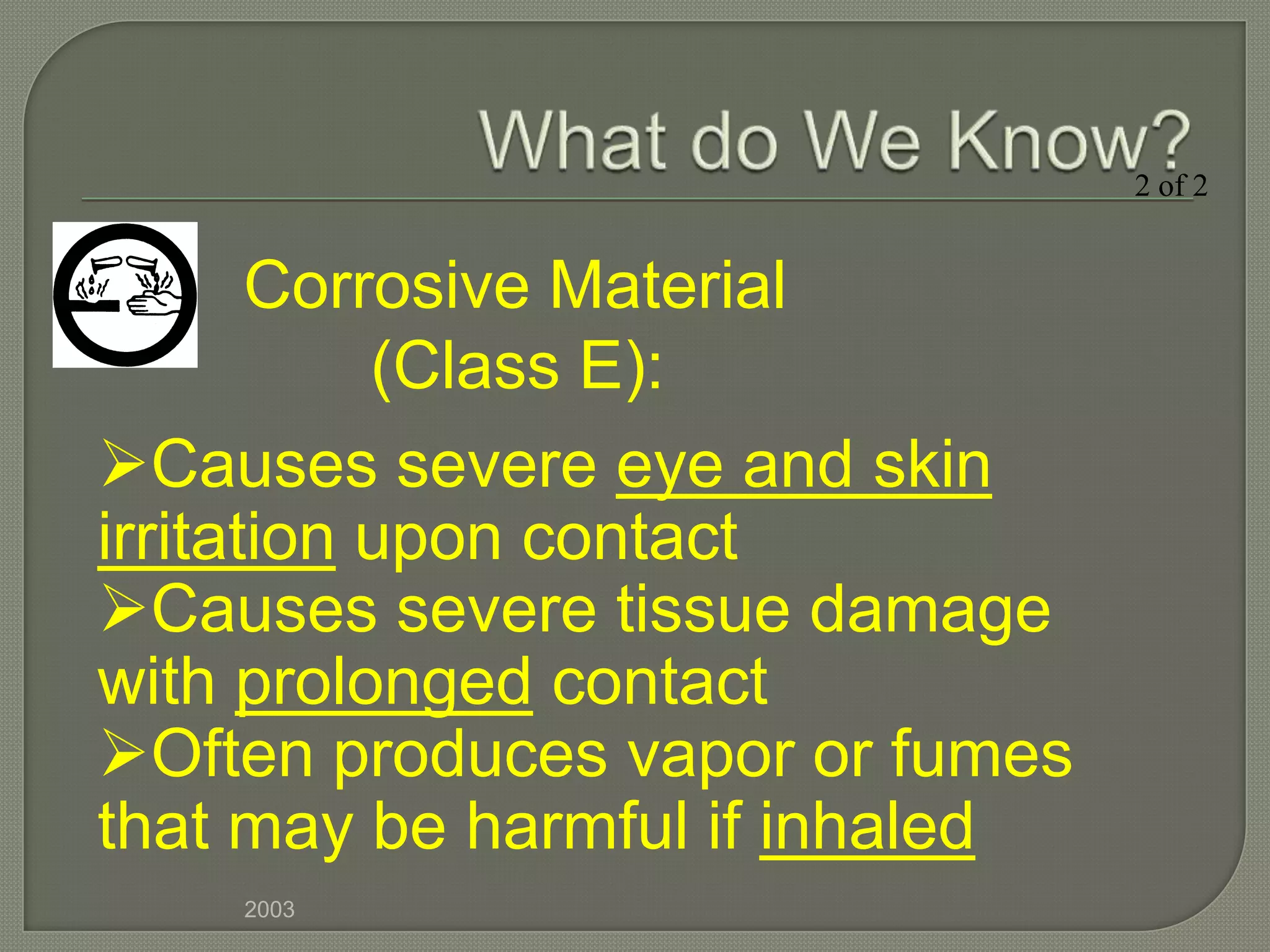 2 of 2


       Corrosive Material
           (Class E):
Causes severe eye and skin
irritation upon contact
Causes severe tissue damage
with prolonged contact
Often produces vapor or fumes
that may be harmful if inhaled
    2003
 