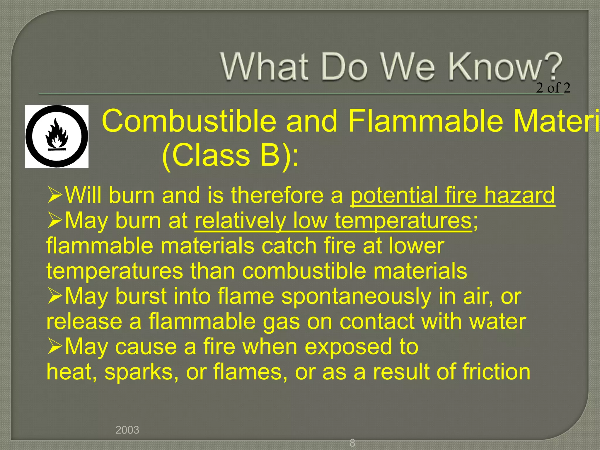 2 of 2

     Combustible and Flammable Materi
        (Class B):
Will burn and is therefore a potential fire hazard
May burn at relatively low temperatures;
flammable materials catch fire at lower
temperatures than combustible materials
May burst into flame spontaneously in air, or
release a flammable gas on contact with water
May cause a fire when exposed to
heat, sparks, or flames, or as a result of friction

      2003
                              8
 