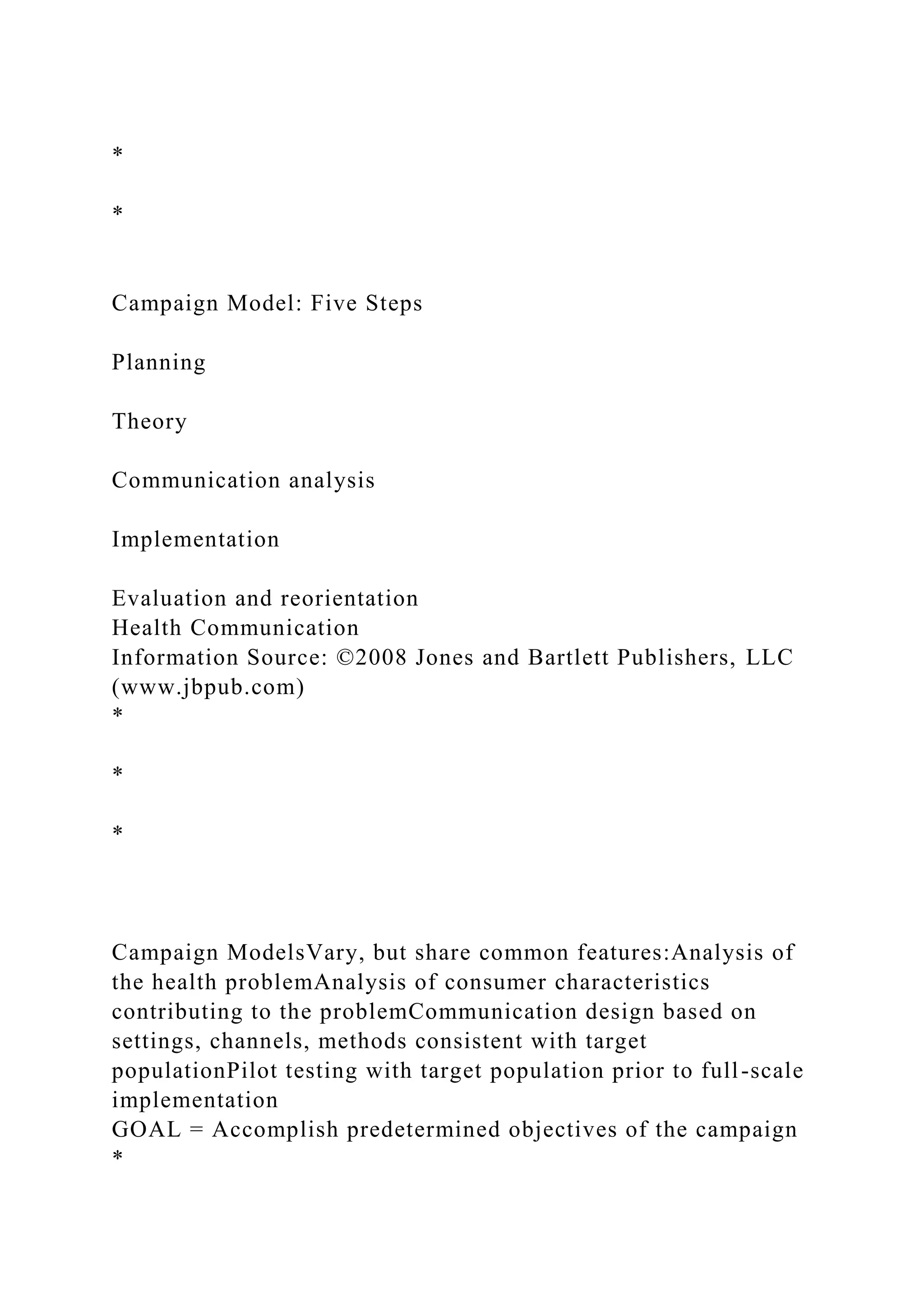 *
*
Campaign Model: Five Steps
Planning
Theory
Communication analysis
Implementation
Evaluation and reorientation
Health Communication
Information Source: ©2008 Jones and Bartlett Publishers, LLC
(www.jbpub.com)
*
*
*
Campaign ModelsVary, but share common features:Analysis of
the health problemAnalysis of consumer characteristics
contributing to the problemCommunication design based on
settings, channels, methods consistent with target
populationPilot testing with target population prior to full-scale
implementation
GOAL = Accomplish predetermined objectives of the campaign
*
 