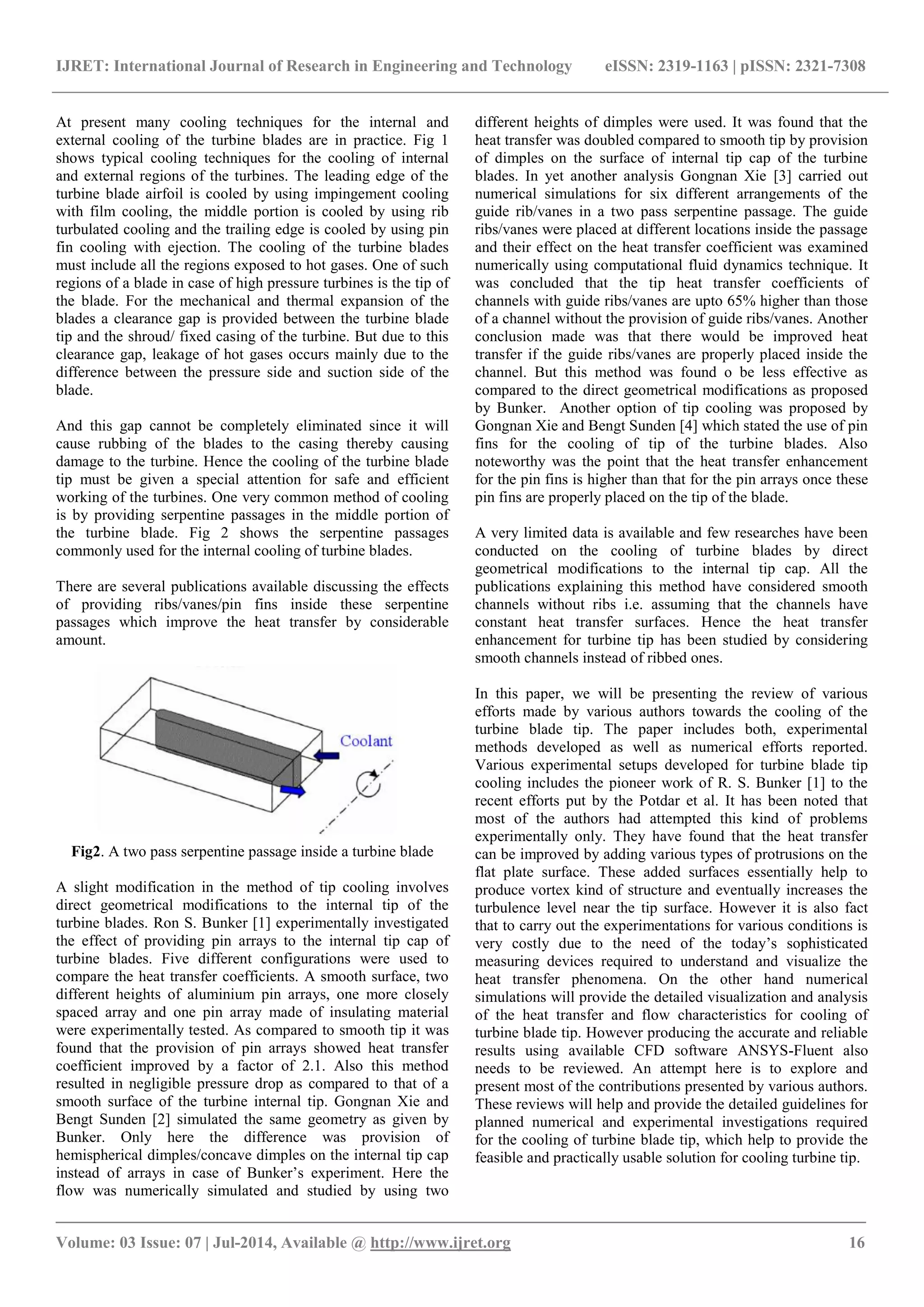 Review of heat transfer augmentation for cooling of turbine blade tip ...