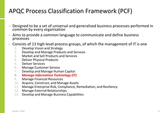 APQC Process Classification Framework (PCF)
• Designed to be a set of universal and generalised business processes performed in
common by every organisation
• Aims to provide a common language to communicate and define business
processes
• Consists of 13 high-level process groups, of which the management of IT is one
1. Develop Vision and Strategy
2. Develop and Manage Products and Services
3. Market and Sell Products and Services
4. Deliver Physical Products
5. Deliver Services
6. Manage Customer Service
7. Develop and Manage Human Capital
8. Manage Information Technology (IT)
9. Manage Financial Resources
10. Acquire, Construct, and Manage Assets
11. Manage Enterprise Risk, Compliance, Remediation, and Resiliency
12. Manage External Relationships
13. Develop and Manage Business Capabilities
October 5, 2020 15
 