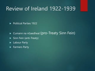 Review of Ireland 1922-1939
 Political Parties 1922
 Cumann na nGaedheal (pro-Treaty Sinn Fein)
 Sinn Fein (anti-Treaty)
 Labour Party
 Farmers Party
 