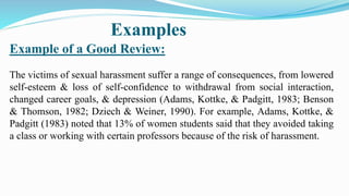 Examples
Example of a Good Review:
The victims of sexual harassment suffer a range of consequences, from lowered
self-este...