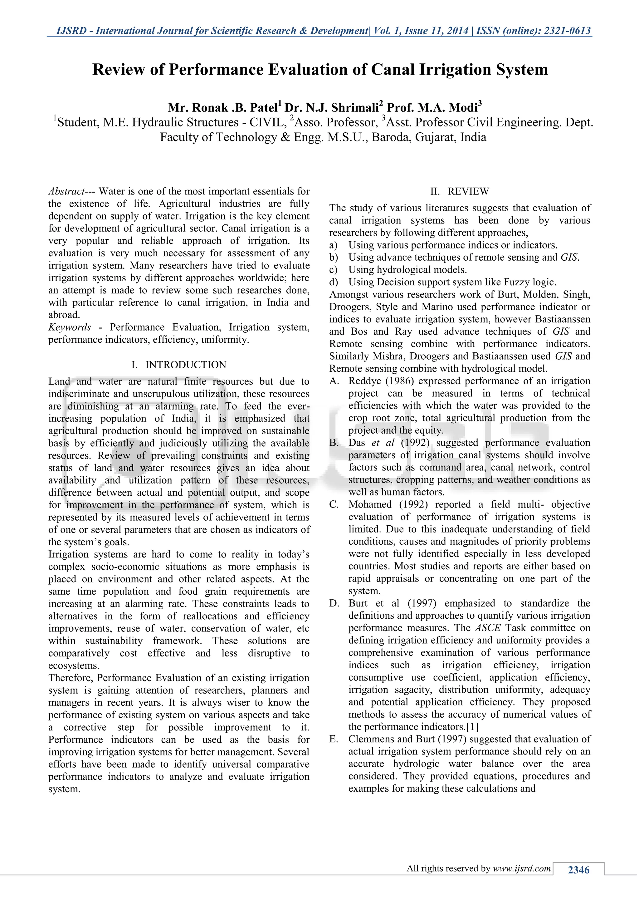 Review of performance evaluation of canal irrigation system | PDF