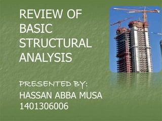 REVIEW OF 
BASIC 
STRUCTURAL 
ANALYSIS 
PRESENTED BY: 
HASSAN ABBA MUSA 
1401306006 
 