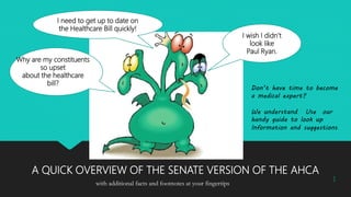 I need to get up to date on
the Healthcare Bill quickly!
A QUICK OVERVIEW OF THE SENATE VERSION OF THE AHCA
Why are my constituents
so upset
about the healthcare
bill?
I wish I didn’t
look like
Paul Ryan.
with additional facts and footnotes at your fingertips 1
Don’t have time to become
a medical expert?
We understand. Use our
handy guide to look up
Information and suggestions.
 