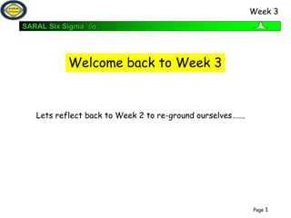 SARAL Six Sigma 6s
Page 1
Week 3
Welcome back to Week 3
Lets reflect back to Week 2 to re-ground ourselves…….
 