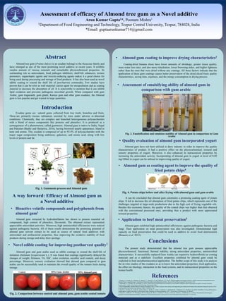 www.postersession.com
Conclusions
Assessment of efficacy of Almond tree gum as a Novel additive
Arun Kumar Gupta1*, Poonam Mishra1
1Department of Food Engineering and Technology, Tezpur Central University, Tezpur, 784028, India
*Email: guptaarunkumar714@gmail.com
References
Almond tree gum (Prunus dulcis) is an exudate belongs to the Rosaceae family and
have emerged as one of the most promising novel additive in recent years. It exhibits
surplus amount of various minerals and remarkable physicochemical properties. Its
outstanding role as antioxidants, food pathogen inhibitors, shelf-life enhancers, texture
promoters, organoleptic agents and toxicity-reducing agents makes it a good choice for
being used during processing and storage of food products. It has also been used as novel
edible coating to extend the shelf life of post-harvest commodity. Few studies have
proven that it can be refer as wall material/ carrier agent for encapsulation and as coating
material to decrease the absorption of oil. It is noteworthy to mention that it can inhibit
lipid oxidation and prevents pathogenic microbial growth. When compared with gum
Arabic, gum tragacanth, gum ghatti, Karaya gum and other gum exudates, the Almond
gum is less popular and get wasted in large quantities.
Introduction
Fig. 1. Gummosis process and Almond gum
• Bioactive volatile compounds and polyphenols from
almond gum1
Almond gum extracted by hydrodistillation has shown to possess essential oil
compounds, high content of phenolics, flavonoids. The obtained extract represented
appreciable antioxidant activities. Moreover, high antimicrobial efficiencies were noticed
against pathogenic bacteria. All of these results demonstrate the promising potential of
almond gum solvent extract to be used as source of natural food additives with
antioxidant and antibacterial properties, thus improving the oxidative stability of food
products during storage and delay their spoilage.
• Almond gum coating to improve drying characteristics3
Coating-dried banana slices have lower amounts of shrinkage, greater tissue quality,
more water loss rates, and also more rehydration, lower browning index, and higher lightness
rather than the ones that were dried without any coatings. All these factors indicate that the
application of these gum coatings causes better preservation of the dried sliced fruits quality
characteristics, saving time, expenses, and the energy consumption in drying process.
• Quality evaluation of almond gum incorporated yogurt
Almond gum and gum arabic used as edible coatings to extend the shelf-life of
tomatoes (Solanum lycopersicum L.). It was found that coatings significantly delayed the
changes of weight, firmness, TA, SSC, color evolution, ascorbic acid content, and decay
percentage. Moreover, sensory evaluation showed that almond gum compared to gum
arabic can be successfully used to maintain the overall quality of the tomato fruits during
storage.
It can be concluded that almond gum constitutes a promising coating agent of potato
chips. It led to decrease the oil absorption of fried potato chips, which represents one of the
challenges targeted at large-scale productions due to the high cost of frying vegetable oils.
Besides this economic feature, the quality of the coated chips was higher than that obtained
with the conventional processed ones, providing thus a product with more appreciated
textural properties.
Fig. 3. Emulsification and emulsion stability of Almond gum in comparison to Gum
Arabic
Abstract
Exudate gums are natural gums collected from tree trunk, branches and fruits.
These are primarily viscous substances secreted by trees under adverse or abnormal
conditions. Chemically, they are complex and branched heterogeneous polysaccharides
with a blend of minor components like proteins and phenolics. It is produced as a
consequences of a phenomenon, called gummosis. Almond gum is native to India, Nepal
and Pakistan (Bashir and Haripriya, 2016), having brownish purple appearance, bland in
taste and aroma. This exudate is composed of up to 92.4% of polysaccharides with the
major sugar composition being arabinose, galactose, and uronic acid, along with low
levels of protein and fat.
The present study demonstrated that the almond tree gum possess appreciable
physicochemical, functional, thermal stability, strong antioxidant properties, antimicrobial
characteristics. It successfully replaced Gum Arabic (an expensive hydrocolloids) as coating
materials and as a stabilizer. Excellent properties exhibited by almond gum could be
exploited in food and pharmaceutical application. The further scope of this study is to analyze
the in-vitro studies of the exudates so as to know the antioxidant properties, food application,
the effect on rheology, interaction in the food systems, and its nutraceutical properties on the
human health.
• Novel edible coating for improving postharvest quality2
A way forward: Efficacy of Almond gum as
a Novel additive
• Assessment of emulsifying ability of almond gum in
comparison with gum arabic
Almond gum have not been utilized in dairy industry in order to improve the quality
characteristics of product. It had a positive effect on the physicochemical, textural and
sensory properties of yogurt. Moreover, it also enhanced its nutraceutical properties by
increasing the antioxidant activity. Incorporating of almond gum in yogurt at level of 0.05
mg/100ml in yogurt can be utilized in improvising quality of yogurt.
• Almond gum as coating agent to improve the quality of
fried potato chips4
Fig. 4. Potato chips before and after frying with almond gum and gum arabic
• Application to beef meat preservation5
Almond gum exhibited high antimicrobial efficiencies against pathogenic bacteria and
fungi. Their application on meat preservation was also investigated. Demonstrated high
capacity on food preservation that could be used as additive to avoid food deterioration
(Bouaziz et al. 2015).
Fig. 2. Comparison between control and almond gum, gum arabic coated tomato
1. Bouaziz, F., Koubaa, M., Chaabene, M., Barba, F. J., Ghorbel, R. E. and Chaabouni, S. E. (2016). High throughput screening for bioactive volatile compounds and polyphenols from
almond (Prunus amygdalus) gum: Assessment of their antioxidant and antibacterial activities, Journal of Food Processing and Preservation, 1-10.
2. Mahfoudhi, N., Chouaibi, M., and Hamdi, S. (2012). Effectiveness of almond gum trees exudate as a novel edible coating for improving postharvest quality of tomato (Solanum
lycopersicum L.) fruits. Food Science and Technology International 20(1).
3. Reza Farahmandfar, Maedeh Mohseni, Maryam Asnaashari (2017). Effects of quince seed, almond, and tragacanth gum coating on the banana slices properties during the process of hot
air drying. Wiley food Science and Nutrition, DOI: 10.1002/fsn3.489.
4. Bouaziz, F., Koubaa, M., Neifar M., Zouari-Ellouzi, S., Besbes, S., Chaari, F., Kamoun, A., Chaabouni, M., Chaabouni, S. E., Ghorbel, R. E. (2016). Feasibility of using almond gum as
coating agent to improve the quality of fried potato chips: Evaluation of sensorial properties. LWT - Food Science and Technology, 65, 800-807.
5. Bouaziz, F., Helbertb, C. B., Romdhanea, M. B., Koubaaa, M., Bhiria, F., Kallela, F., Chaaria, F, Drissa, D., Buonb, L., Chaabounia, S., E. (2015). Structural data and biological
properties of almond gumoligosaccharide: Application to beef meat preservation. International Journal of Biological Macromolecules, 72, 472–479.
 