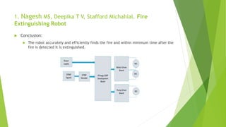 1. Nagesh MS, Deepika T V, Stafford Michahial. Fire
Extinguishing Robot
 Conclusion:
 The robot accurately and efficiently finds the fire and within minimum time after the
fire is detected it is extinguished.
 