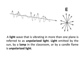 A light wave that is vibrating in more than one plane is
referred to as unpolarized light. Light emitted by the
sun, by a lamp in the classroom, or by a candle flame
is unpolarized light.
 