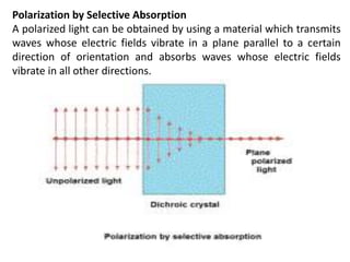 Polarization by Selective Absorption
A polarized light can be obtained by using a material which transmits
waves whose electric fields vibrate in a plane parallel to a certain
direction of orientation and absorbs waves whose electric fields
vibrate in all other directions.
 