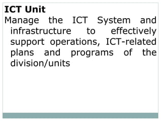 ICT Unit
Manage the ICT System and
infrastructure to effectively
support operations, ICT-related
plans and programs of the
division/units
 