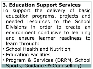 3. Education Support Services
To support the delivery of basic
education programs, projects and
needed resources to the School
Divisions in order to create an
environment conducive to learning
and ensure learner readiness to
learn through:
• School Health and Nutrition
• Education Facilities
• Program & Services (DRRM, School
Sports, Guidance & Counselling)
 