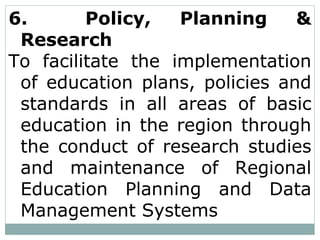 6. Policy, Planning &
Research
To facilitate the implementation
of education plans, policies and
standards in all areas of basic
education in the region through
the conduct of research studies
and maintenance of Regional
Education Planning and Data
Management Systems
 