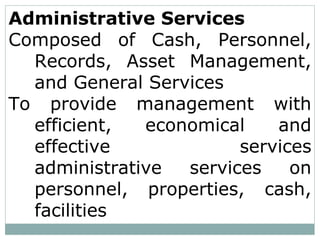 Administrative Services
Composed of Cash, Personnel,
Records, Asset Management,
and General Services
To provide management with
efficient, economical and
effective services
administrative services on
personnel, properties, cash,
facilities
 