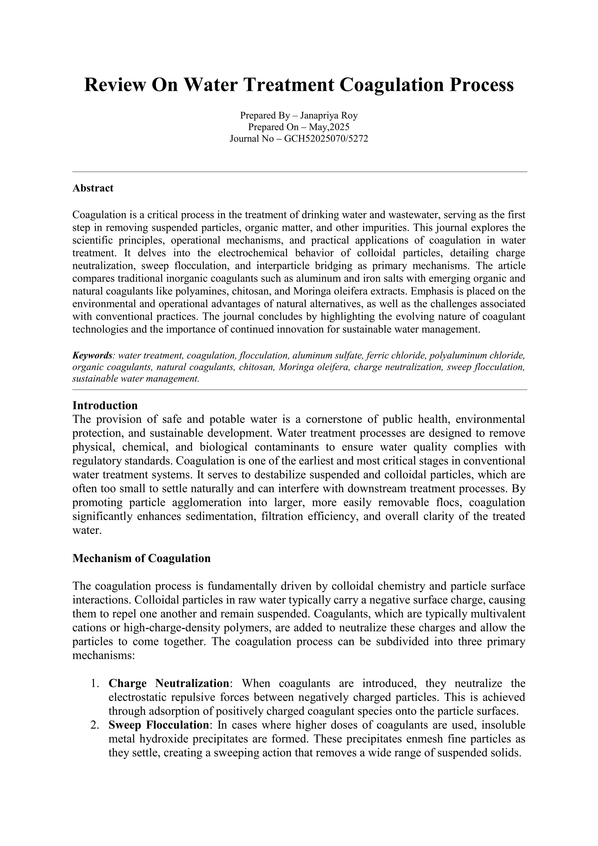 Review On Water Treatment Coagulation Process | PDF