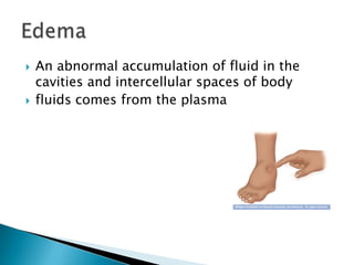 An abnormal accumulation of fluid in the cavities and intercellular spaces of bodyfluids comes from the plasma Edema 