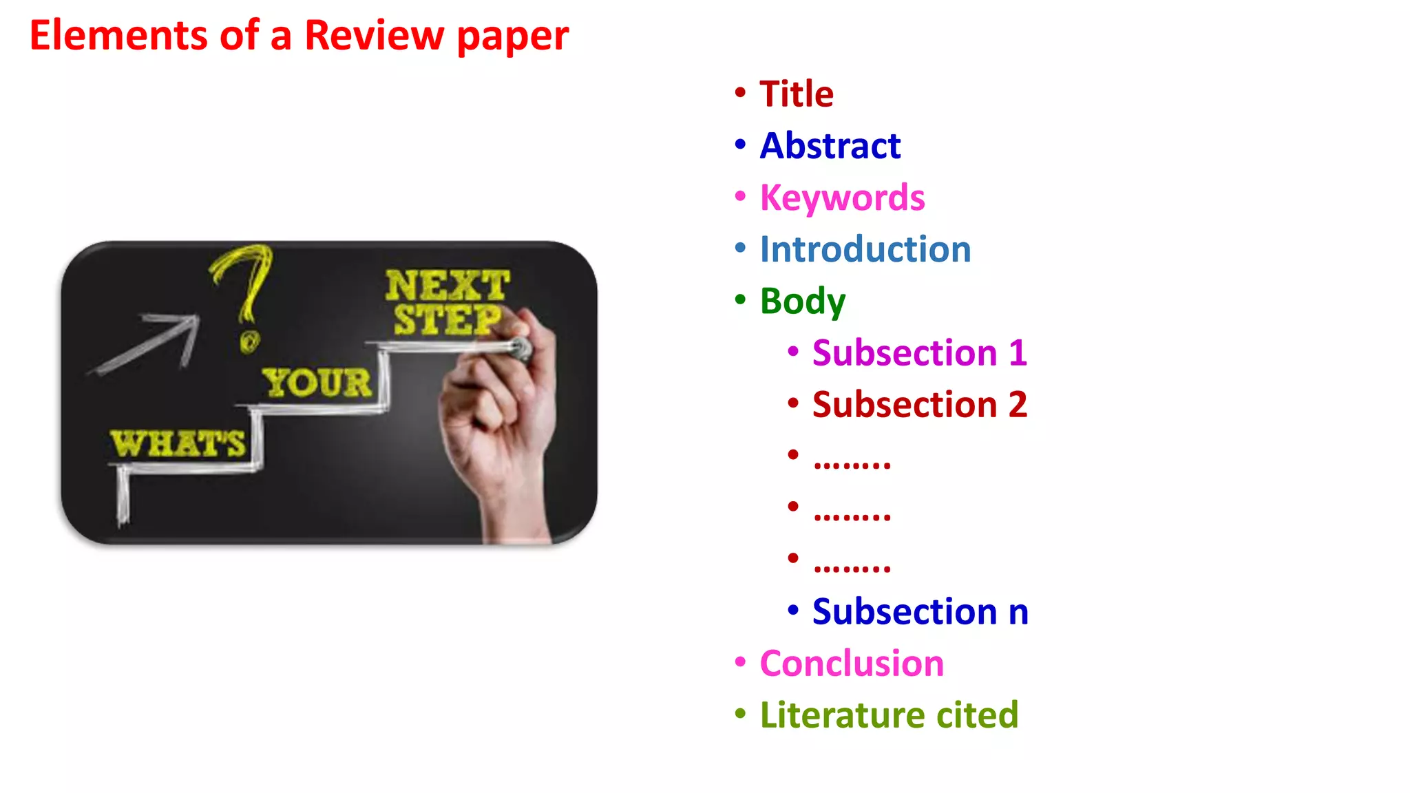 • Title
• Abstract
• Keywords
• Introduction
• Body
• Subsection 1
• Subsection 2
• ……..
• ……..
• ……..
• Subsection n
• Conclusion
• Literature cited
Elements of a Review paper
 