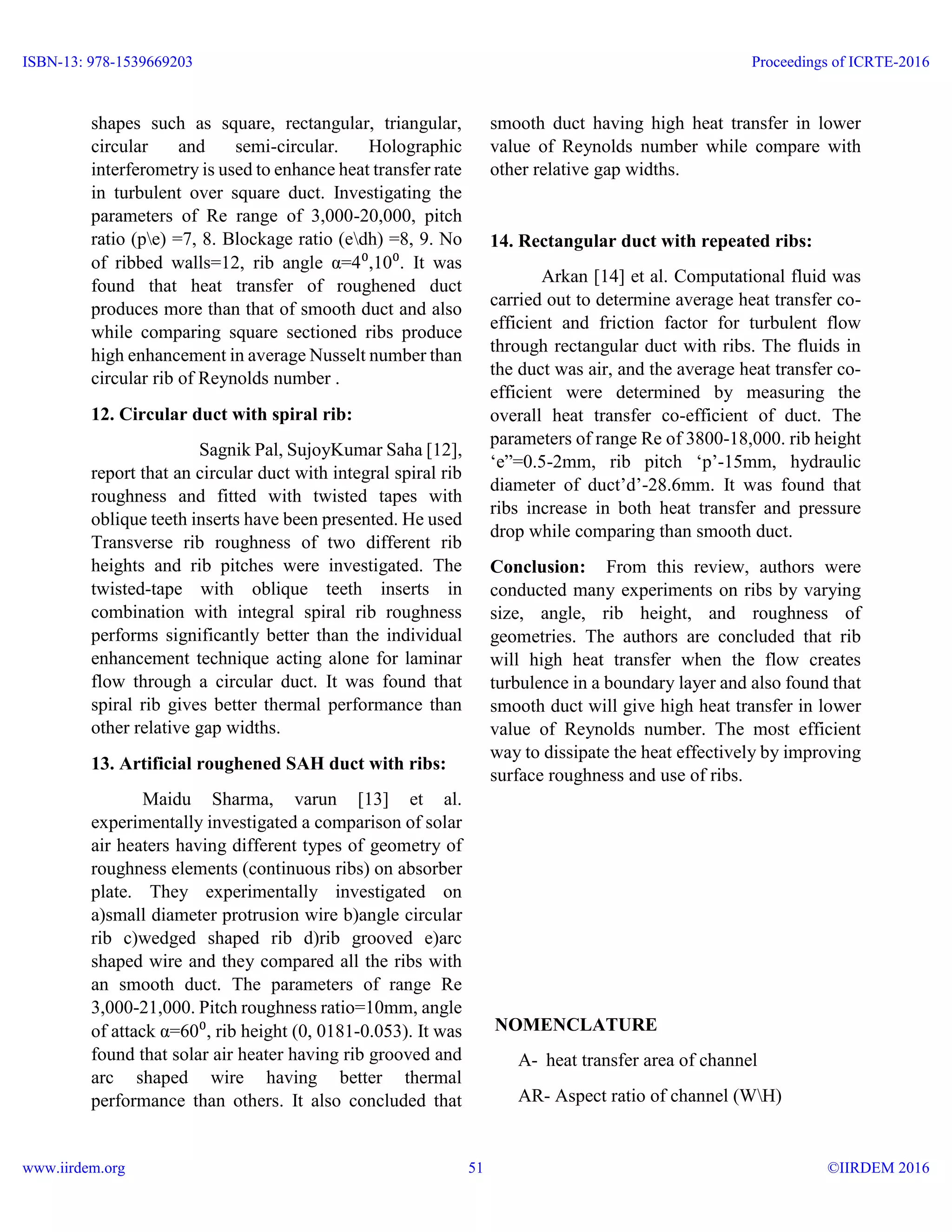 REVIEW PAPER- ON ENHANCEMENT OF HEAT TRANSFER USING RIBS | PDF