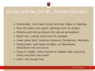 Some advise for St. James Garden Promenade: more open (trees) and less ridges of clippings Give the roses more space, planting more at random Mahonia and Ricinus disturb the natural atmosphere South end: cutting more trees for sunlight Lower grass land: Geranium  phaeum , Campanula, Narcissus  Catacombes: wall needs sunlight, cut Beechtrees down/leave one and prune Trees in middle: make choices for solitars (like mourning trees) and plant new trees! Litter: not enough bins 