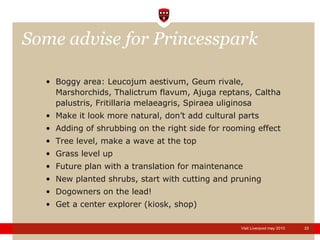 Some advise for Princesspark  Boggy area: Leucojum aestivum, Geum rivale, Marshorchids, Thalictrum flavum, Ajuga reptans, Caltha palustris, Fritillaria melaeagris, Spiraea uliginosa Make it look more natural, don’t add cultural parts Adding of shrubbing on the right side for rooming effect Tree level, make a wave at the top Grass level up Future plan with a translation for maintenance New planted shrubs, start with cutting and pruning Dogowners on the lead! Get a center explorer (kiosk, shop) 
