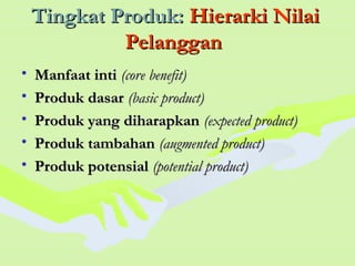 Tingkat Produk:Tingkat Produk: Hierarki NilaiHierarki Nilai
PelangganPelanggan
• Manfaat intiManfaat inti (core benefit)(core benefit)
• Produk dasarProduk dasar (basic product)(basic product)
• Produk yang diharapkanProduk yang diharapkan (expected product)(expected product)
• Produk tambahanProduk tambahan (augmented product)(augmented product)
• Produk potensialProduk potensial (potential product)(potential product)
 