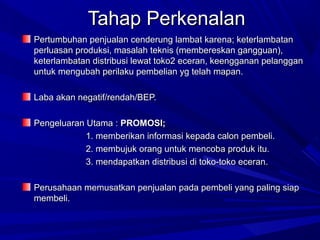Tahap PerkenalanTahap Perkenalan
Pertumbuhan penjualan cenderung lambat karena; keterlambatanPertumbuhan penjualan cenderung lambat karena; keterlambatan
perluasan produksi, masalah teknis (membereskan gangguan),perluasan produksi, masalah teknis (membereskan gangguan),
keterlambatan distribusi lewat toko2 eceran, keengganan pelangganketerlambatan distribusi lewat toko2 eceran, keengganan pelanggan
untuk mengubah perilaku pembelian yg telah mapan.untuk mengubah perilaku pembelian yg telah mapan.
Laba akan negatif/rendah/BEP.Laba akan negatif/rendah/BEP.
Pengeluaran Utama :Pengeluaran Utama : PROMOSI;PROMOSI;
1. memberikan informasi kepada calon pembeli.1. memberikan informasi kepada calon pembeli.
2. membujuk orang untuk mencoba produk itu.2. membujuk orang untuk mencoba produk itu.
3. mendapatkan distribusi di toko-toko eceran.3. mendapatkan distribusi di toko-toko eceran.
Perusahaan memusatkan penjualan pada pembeli yang paling siapPerusahaan memusatkan penjualan pada pembeli yang paling siap
membeli.membeli.
 