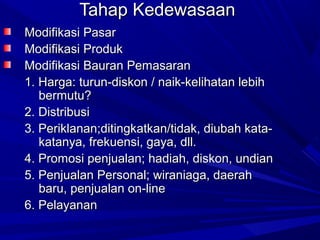 Tahap KedewasaanTahap Kedewasaan
Modifikasi PasarModifikasi Pasar
Modifikasi ProdukModifikasi Produk
Modifikasi Bauran PemasaranModifikasi Bauran Pemasaran
1. Harga: turun-diskon / naik-kelihatan lebih1. Harga: turun-diskon / naik-kelihatan lebih
bermutu?bermutu?
2. Distribusi2. Distribusi
3. Periklanan;ditingkatkan/tidak, diubah kata-3. Periklanan;ditingkatkan/tidak, diubah kata-
katanya, frekuensi, gaya, dll.katanya, frekuensi, gaya, dll.
4. Promosi penjualan; hadiah, diskon, undian4. Promosi penjualan; hadiah, diskon, undian
5. Penjualan Personal; wiraniaga, daerah5. Penjualan Personal; wiraniaga, daerah
baru, penjualan on-linebaru, penjualan on-line
6. Pelayanan6. Pelayanan
 